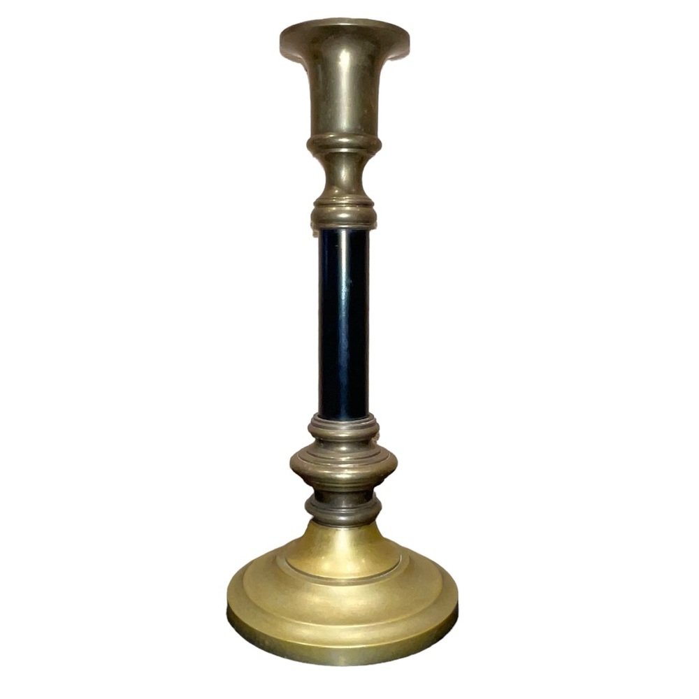 Vtg Brass Candlestick 11" Tall Black Pillar Some Patina Made In Hong Kong‎ GUC